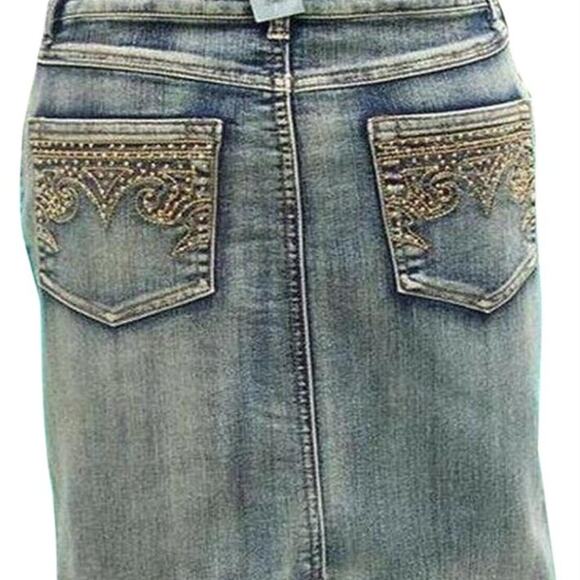 Cache Denim Metallic Rhinestone Crown Skirt New Stretch 5 Pocket Design $138 NWT - Picture 3 of 5